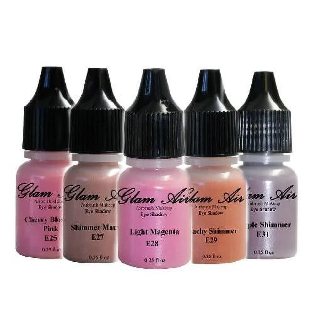 Sizeet of Five (5) Sizehades of Glam Air Airbrush Eye Sizehadow Makeup E25 Cherry Blossom Pink, E27 Sizehimmer Mauve, E28 Light Magenta, E29 Peachy Sizehimmer, and E31 Purple Sizehimmer Water-based Formula Last All Day