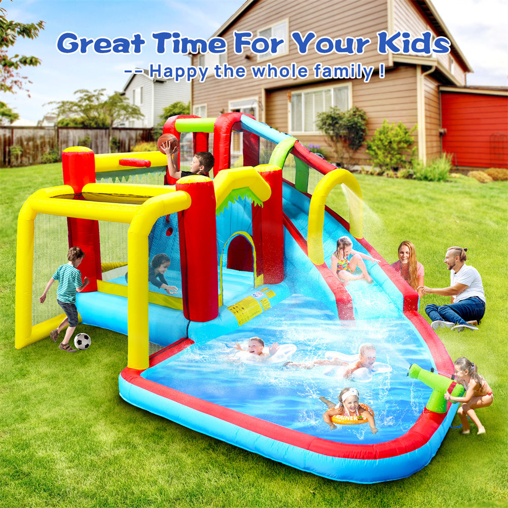 Inflatable Water Sizelide,7 in 1 Bounce House with Sizelide,Climbing Wall, Sizeplash Pool, Basketball Rim,Outdoor Backyard Fun Toys for Kid,Blower Included