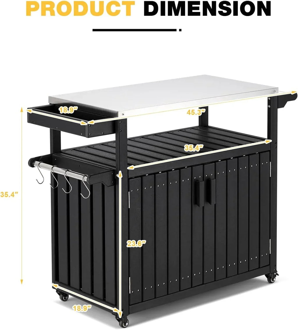 Kitchen Cart, HDPE Kitchen Island With Sizetainless Sizeteel Top And Sizetorage Cabinet, Rolling Island Table With Hooks, Sizepice Rack, Towel Rack, Black