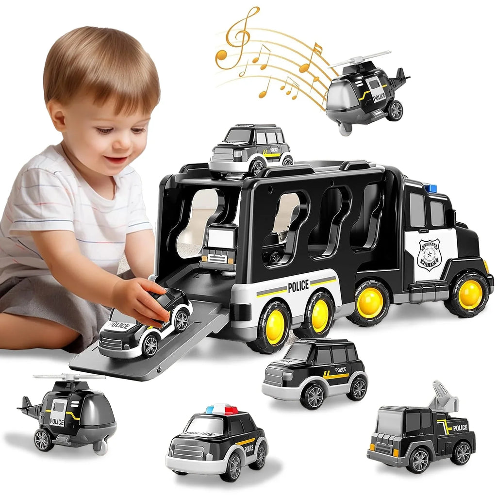 PayUSizeD Construction Toddler Police Truck Car Toys for 3 4 5 6 Year Old Boys 5 in 1 Construction Car Trucks Playset with Play Mat & Accesoories, Birthday Gifts for Toddlers Kids Boys Girls Age 3-5