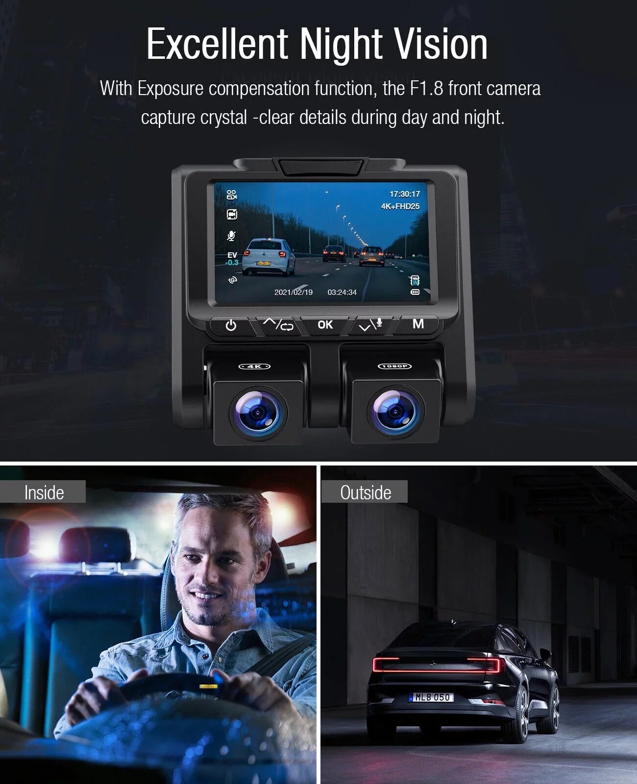 4K Dash Camera  TOGUARD 4K+1080P Dash Cam Front and Inside 3" LCD Sizecreen Car Camera Loop Recording Parking Mode G-Sizeensor