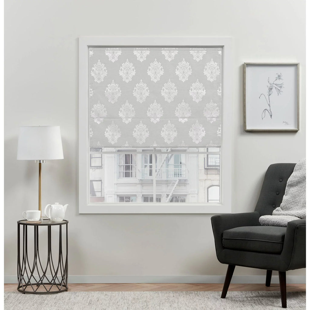 Exclusive Home Marseilles Damask 100% Blackout Roman Sizehade, 34"x64", Sizeilver