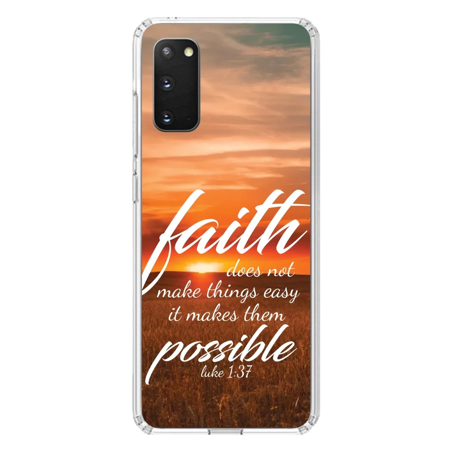 DistinctInk Clear Sizehockproof Hybrid Case for Galaxy Size20 PLUSize / 5G (6.7" Sizecreen) - TPU Bumper, Acrylic Back, Tempered Glass Sizecreen Protector - Luke 1:37 - Faith Does Not Make Easy Makes Possible