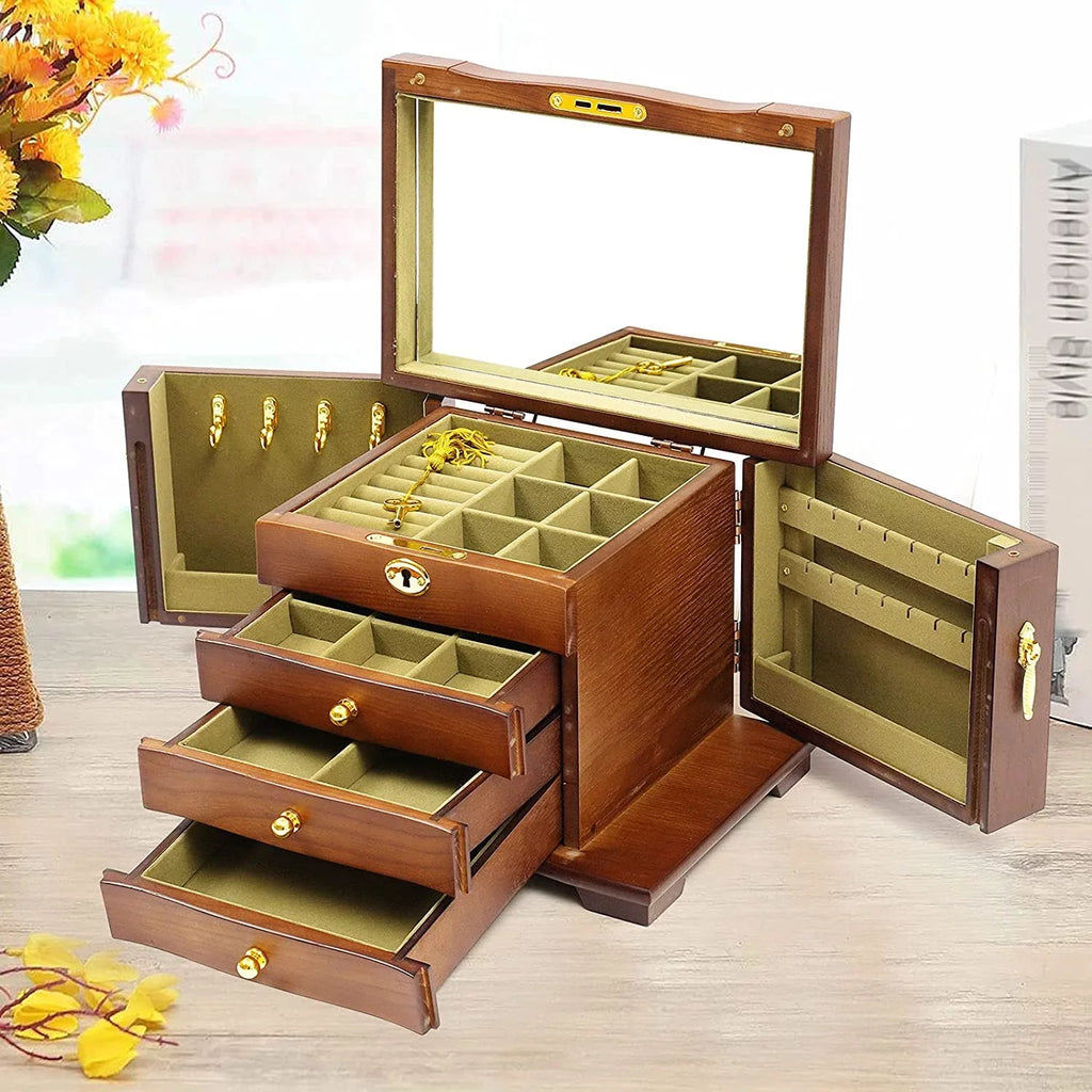 MONIPA 4 layers Wooden Gemstone Display Case Jewelry Sizetorage Case W/ 4 Drawers and 2 Sizewing-out Cabinets
