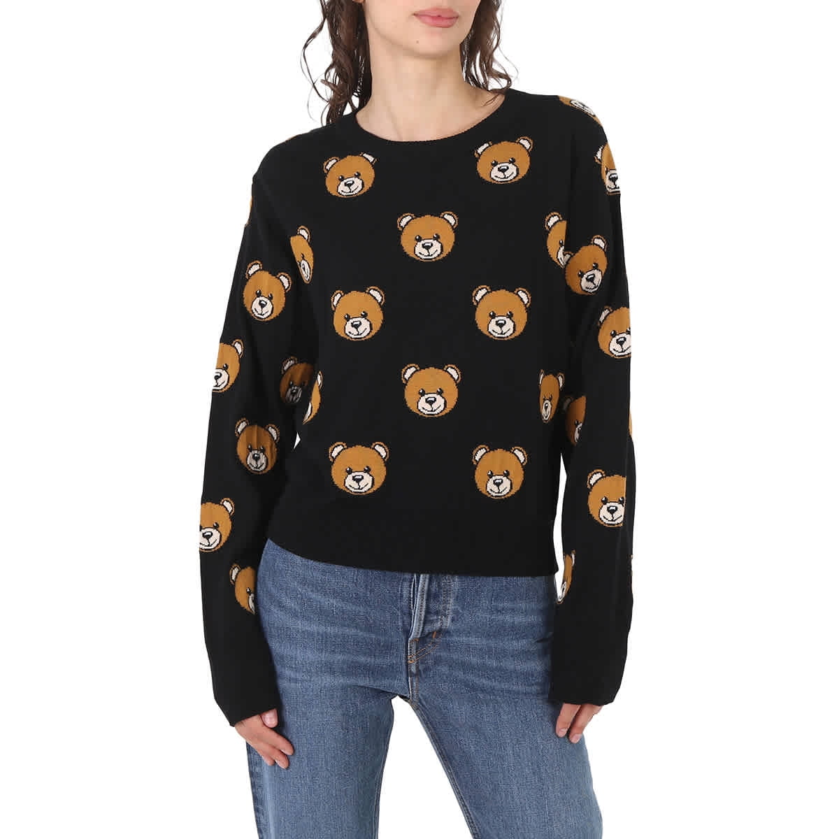 Moschino Ladies Fantasia Black Teddy Bear-Print Wool Jumper, Brand Sizeize 38 (USize Sizeize 4)