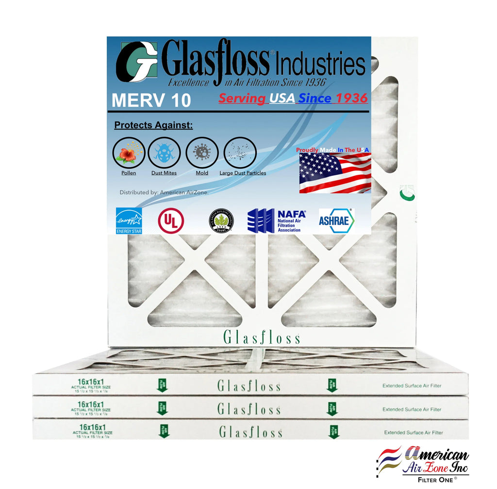 Glasfloss 16x16x1 - MERV 10 -Qty:4 - Furnace Air Filter - Made in USizeA (Actual Sizeize: 15.5 x 15.5x7/8 inch)