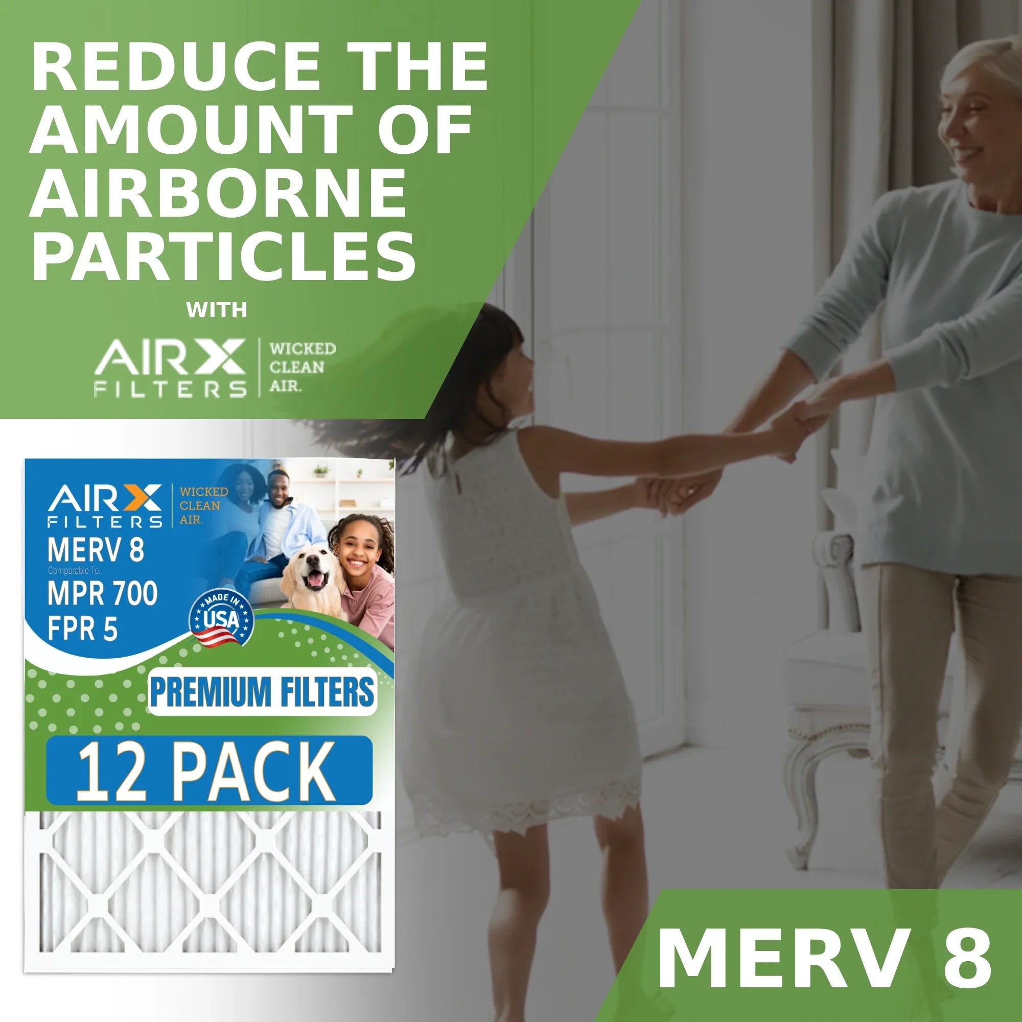 20x25x2 Air Filter MERV 8 Rating, 12 Pack of Furnace Filters Comparable to MPR 700 & FPR 5 - Made in USizeA by AIRX FILTERSize WICKED CLEAN AIR.