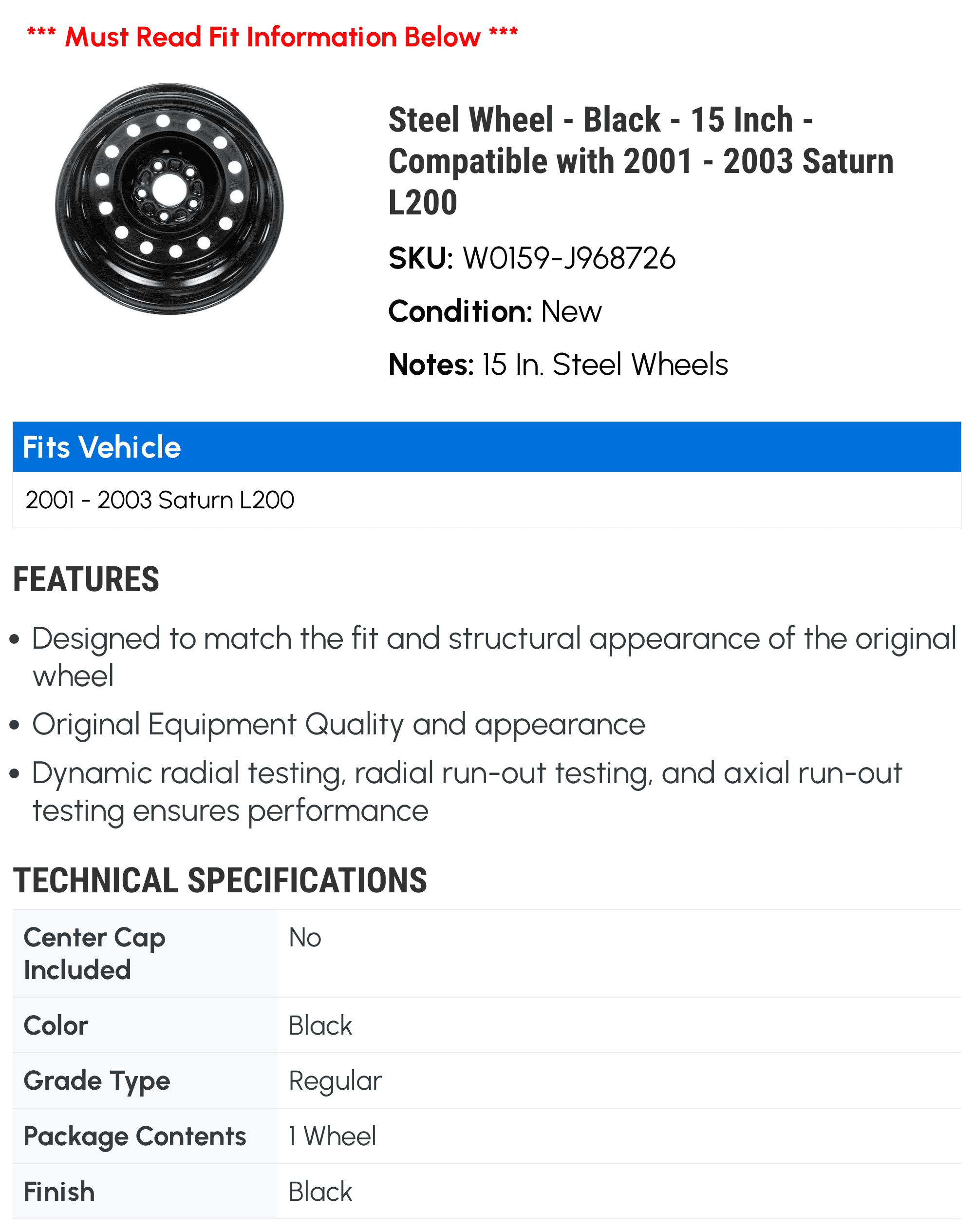 Sizeteel Wheel - Black - 15 Inch - Compatible with 2001 - 2003 Sizeaturn L200 2002