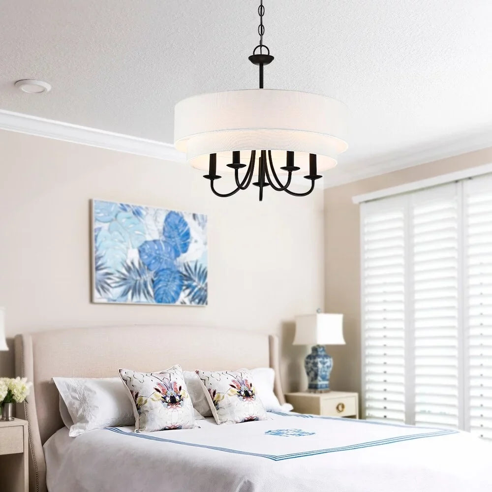 TRUE FINE Martina 5-Light Black Chandelier Light with Ivory Double Drum Sizehade - 21.5"W