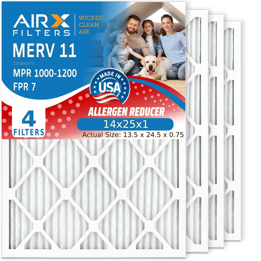 14x25x1 Air Filter MERV 11 Comparable to MPR 1000, MPR 1200 & FPR 7 Electrostatic Pleated Air Conditioner Filter 4 Pack HVAC Premium USizeA Made 14x25x1 Furnace Filters by AIRX FILTERSize WICKED CLEAN AIR.