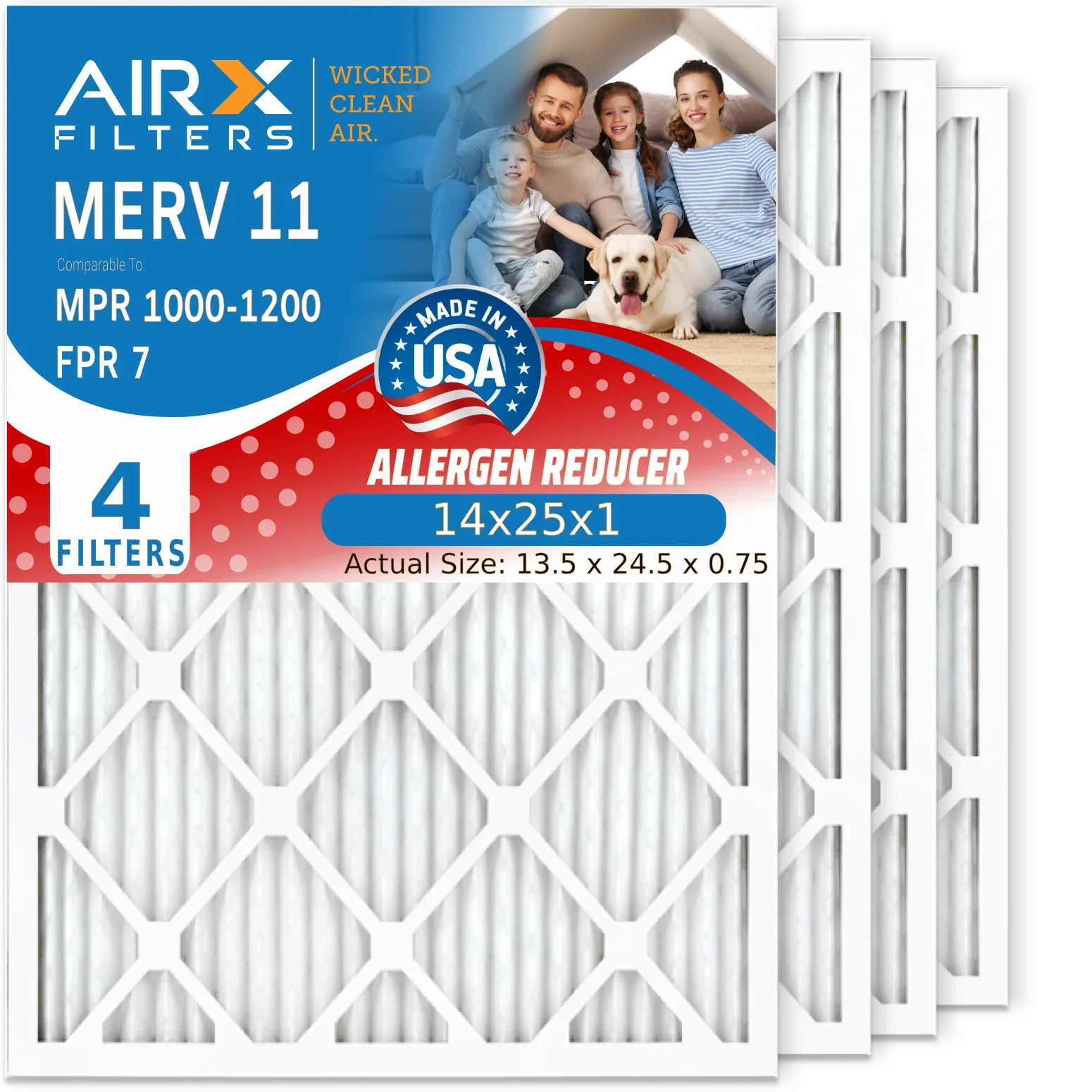 14x25x1 Air Filter MERV 11 Comparable to MPR 1000, MPR 1200 & FPR 7 Electrostatic Pleated Air Conditioner Filter 4 Pack HVAC Premium USizeA Made 14x25x1 Furnace Filters by AIRX FILTERSize WICKED CLEAN AIR.