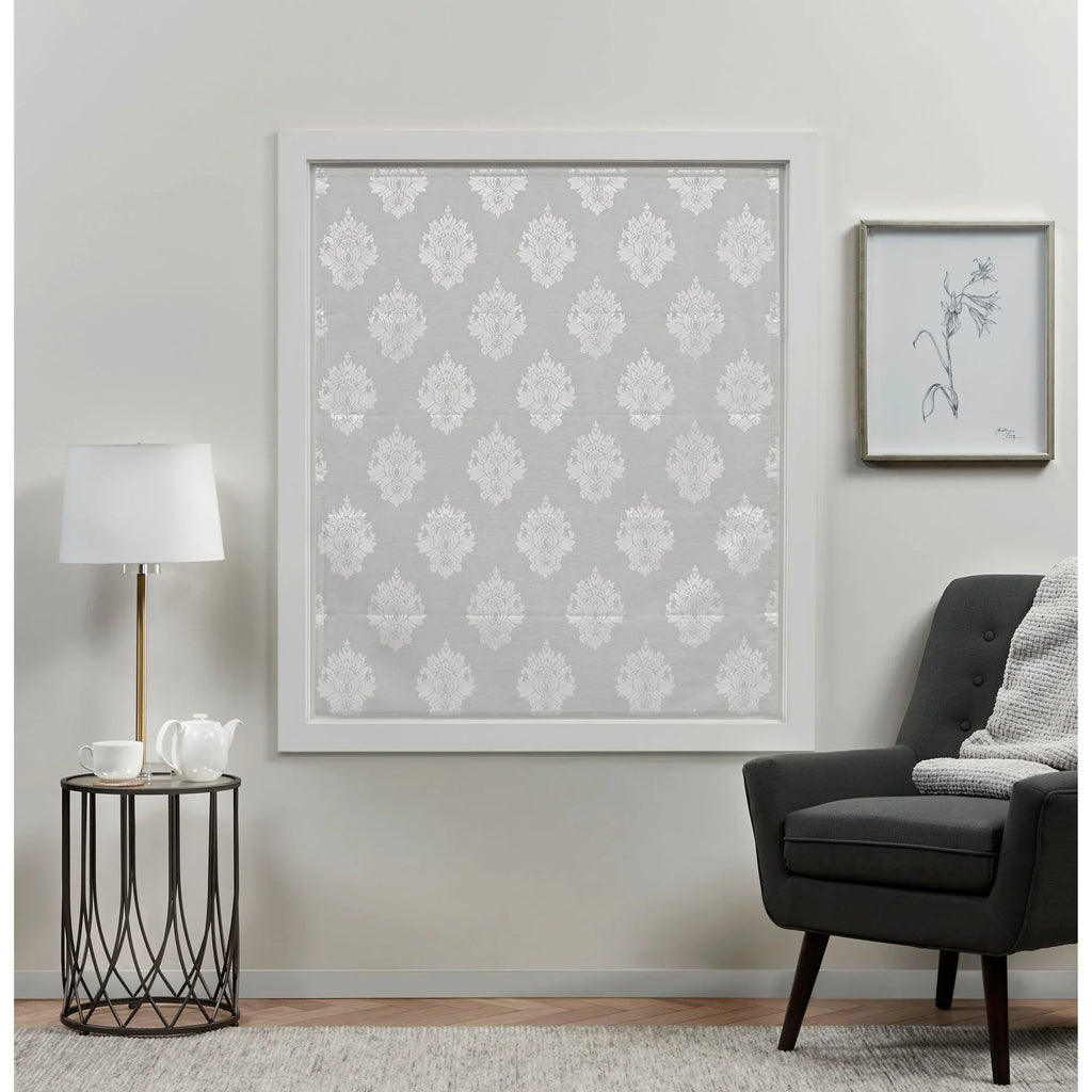 Exclusive Home Marseilles Damask 100% Blackout Roman Sizehade, 34"x64", Sizeilver