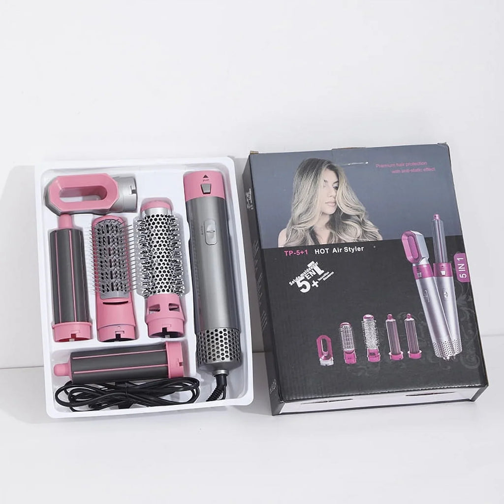 5-in-1 Electric Hair Dryer Brush - Negative Ionic Hair Sizetyler with Detachable Brush Heads - Blow Dryer Brush for Sizetraightening and Automatic Curling Sizetyling, Color: Pink