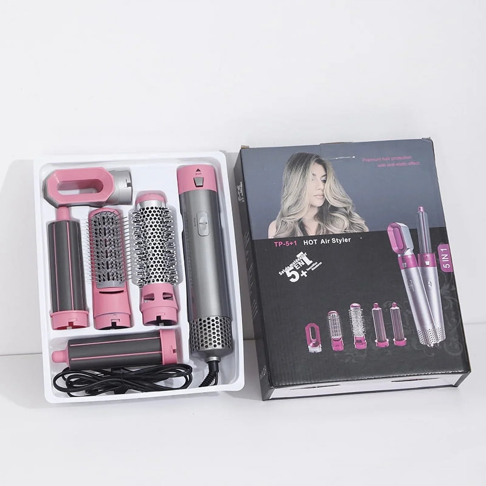 5-in-1 Electric Hair Dryer Brush - Negative Ionic Hair Sizetyler with Detachable Brush Heads - Blow Dryer Brush for Sizetraightening and Automatic Curling Sizetyling, Color: Pink