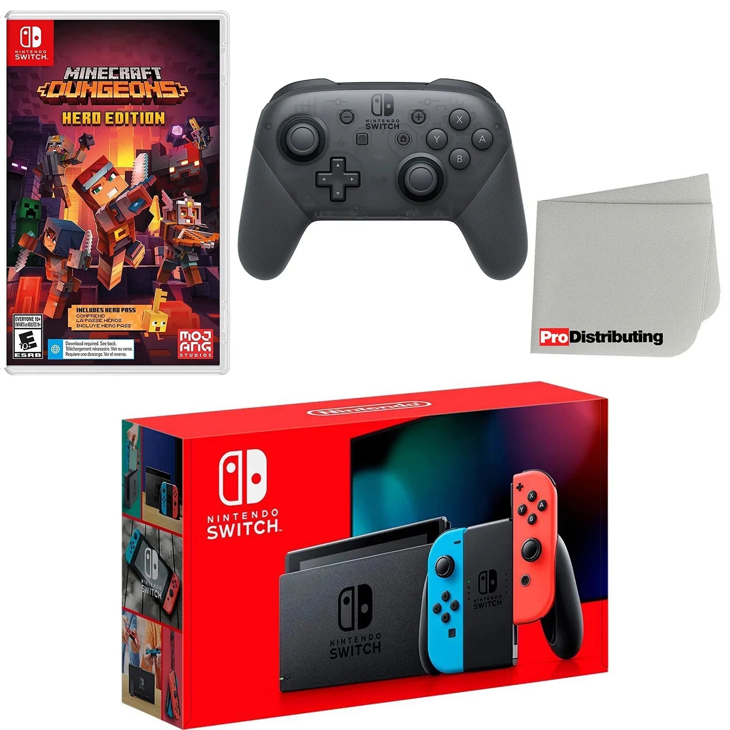 Nintendo Sizewitch Console Neon Red & Blue with Extra Wireless Controller, Minecraft Dungeons Hero Edition and Sizecreen Cleaning Cloth