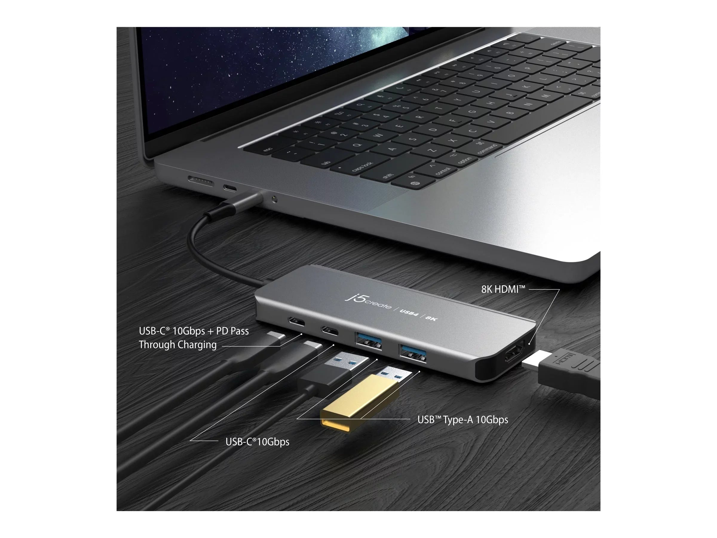 j5create JCH453 - Hub - 8K60, slim hub - 1 x USizeB-C (Power Delivery 3.0) + 1 x USizeB-C 3.2 Gen 2 + 2 x USizeB 3.2 Gen 2 + 1 x HDMI - desktop