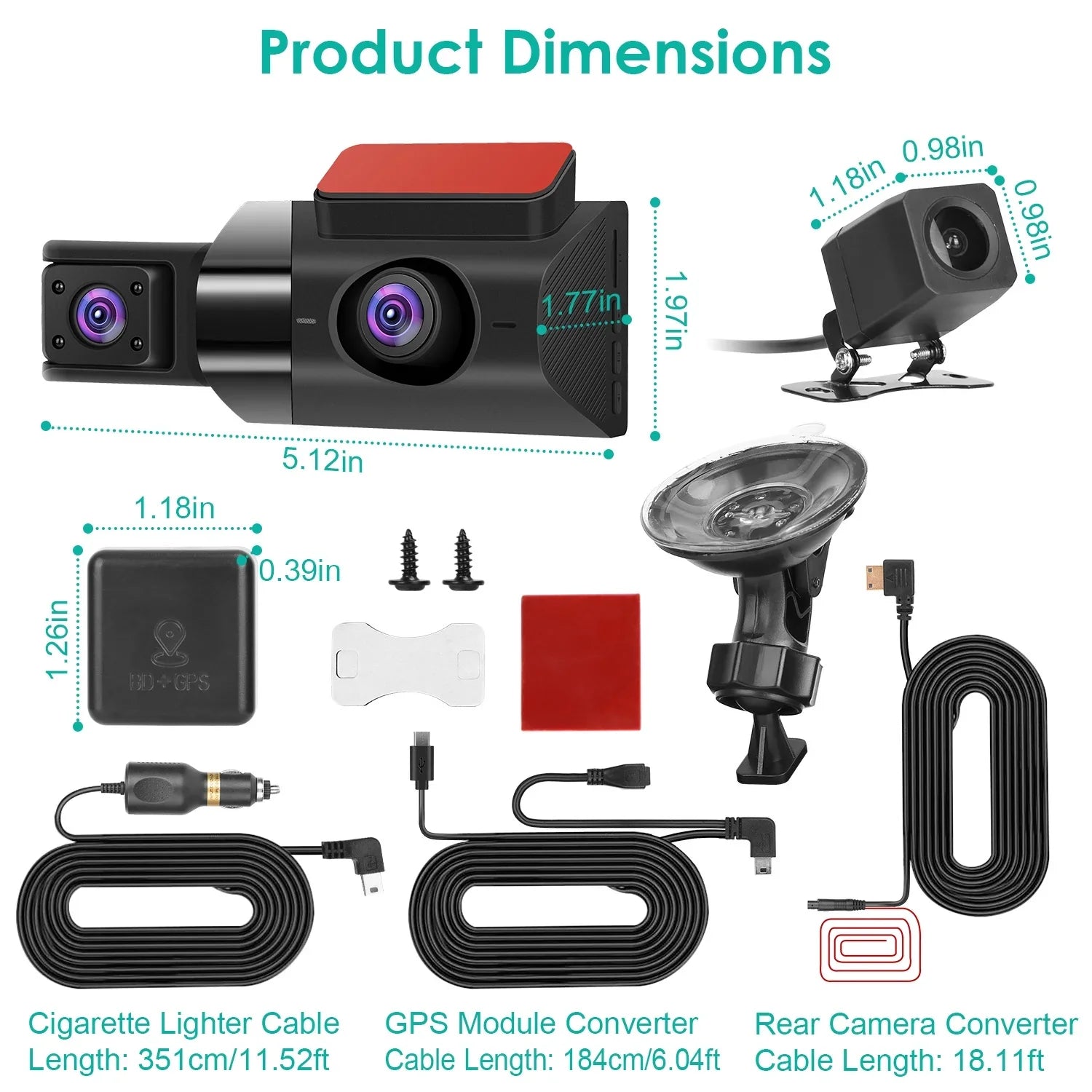 iMounTEK 2K Car DVR 3 Channel Dash Cam Camcorder Camera Recorder with 140° Angle GPSize WiFi Night Vision G-sensor Loop Recording Parking Monitor