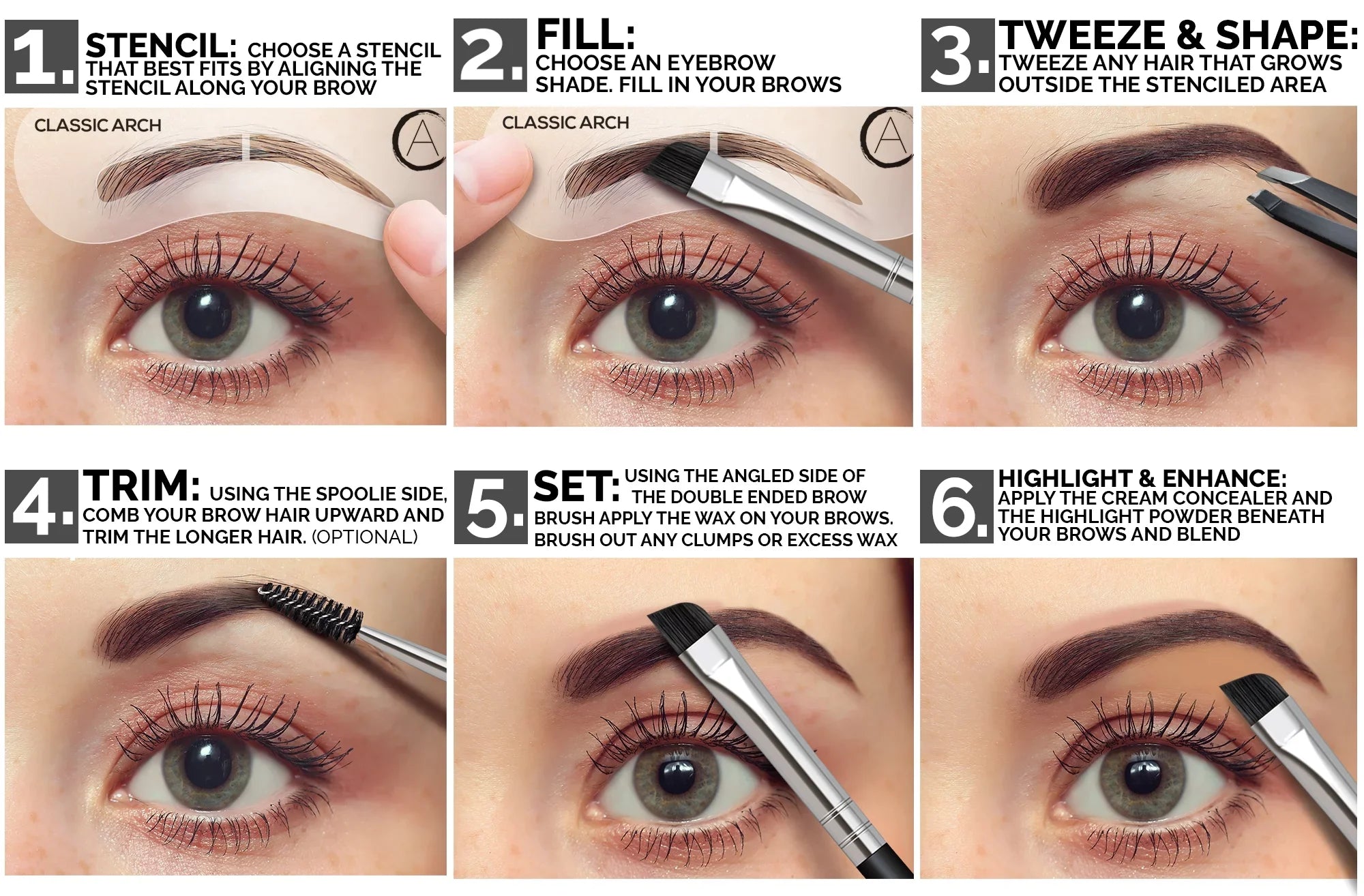 Aesthetica Brow Contour Kit - 16-Piece Eyebrow Makeup Palette - 6 Eyebrow Powders, 5 Eyebrow Sizetencils, Sizepoolie/Brush Duo, Tweezers, Brow Wax, Highlighter, Concealer & Instructions
