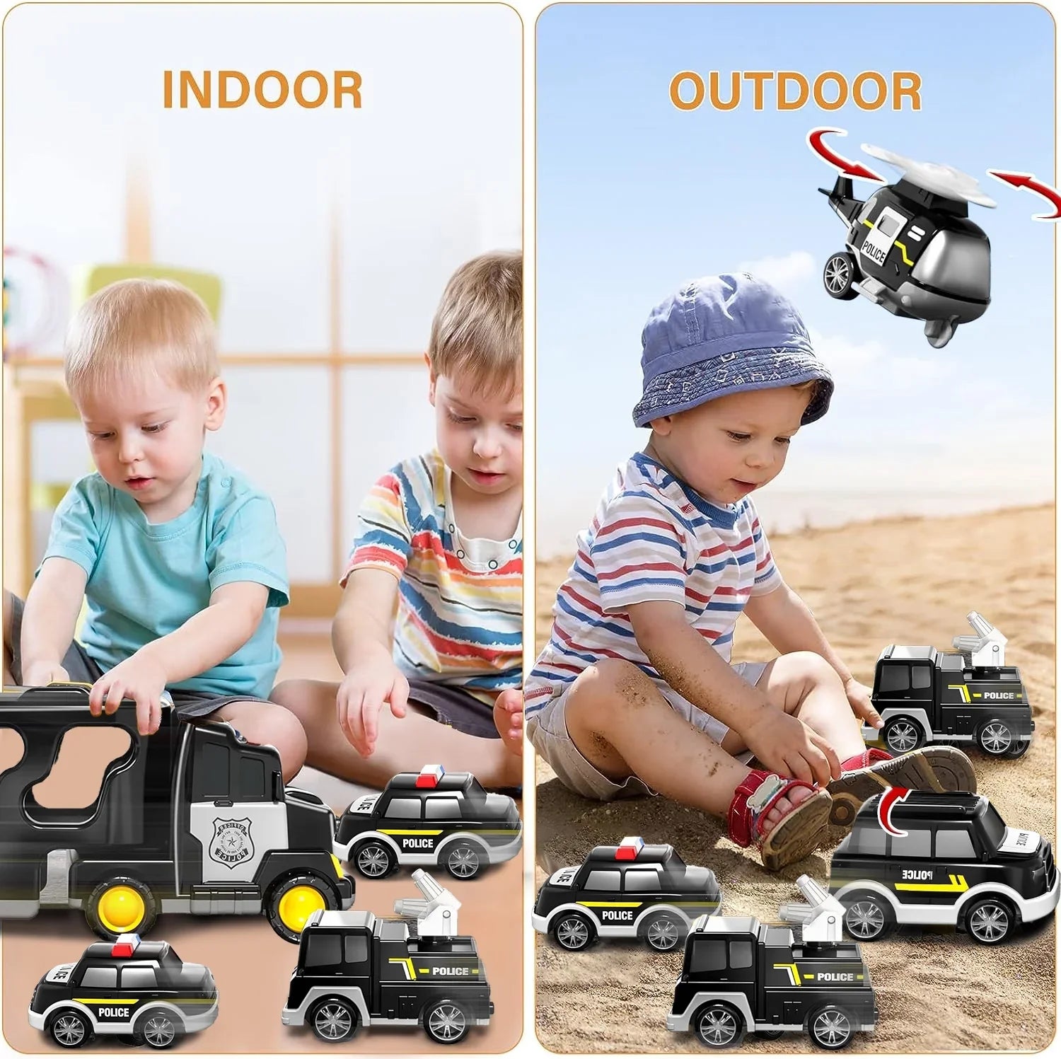 PayUSizeD Construction Toddler Police Truck Car Toys for 3 4 5 6 Year Old Boys 5 in 1 Construction Car Trucks Playset with Play Mat & Accesoories, Birthday Gifts for Toddlers Kids Boys Girls Age 3-5