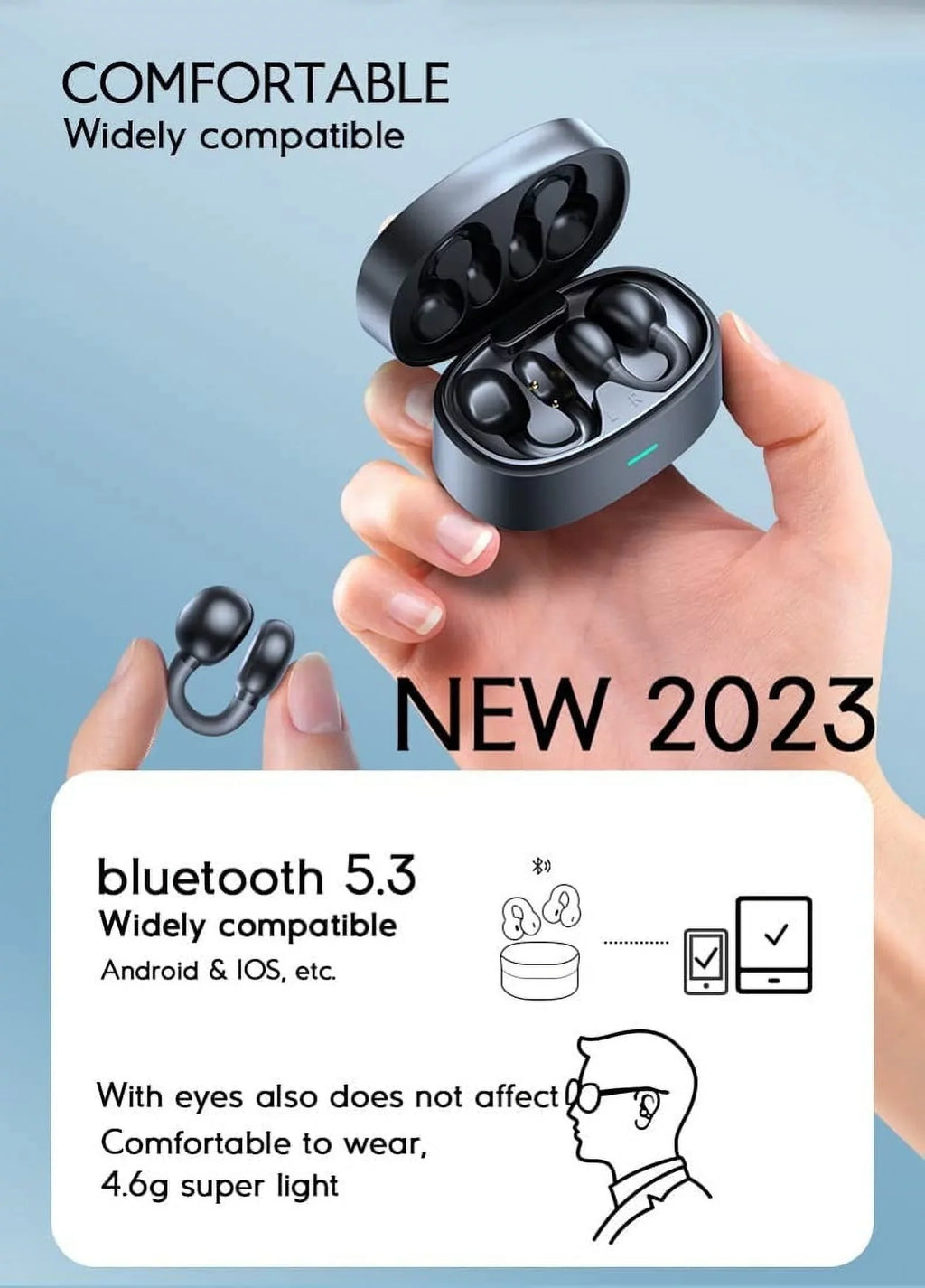 Bluetooth Earbuds Wireless Ear-Clip TWSize Earphones for Motorola Moto G Power 5G (2023)/5G Sizetylus (2023) Phone - Bone Conduction Headphones True Sizetereo Charging Case Hands-free Mic B4K