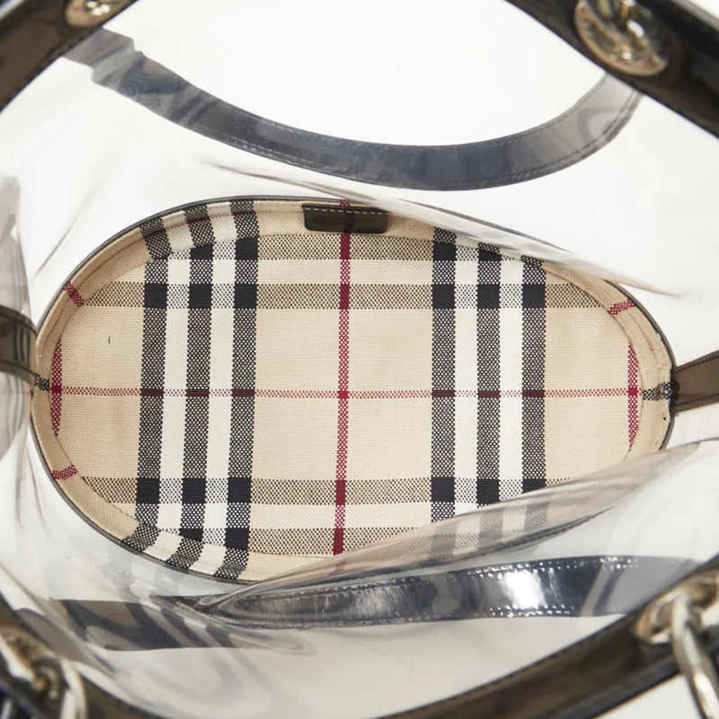 Pre-Owned Burberry Nova Check Embossed Clear Bag Handbag Tote Beige Black Vinyl Leather Canvas Ladies BURBERRY (Good)
