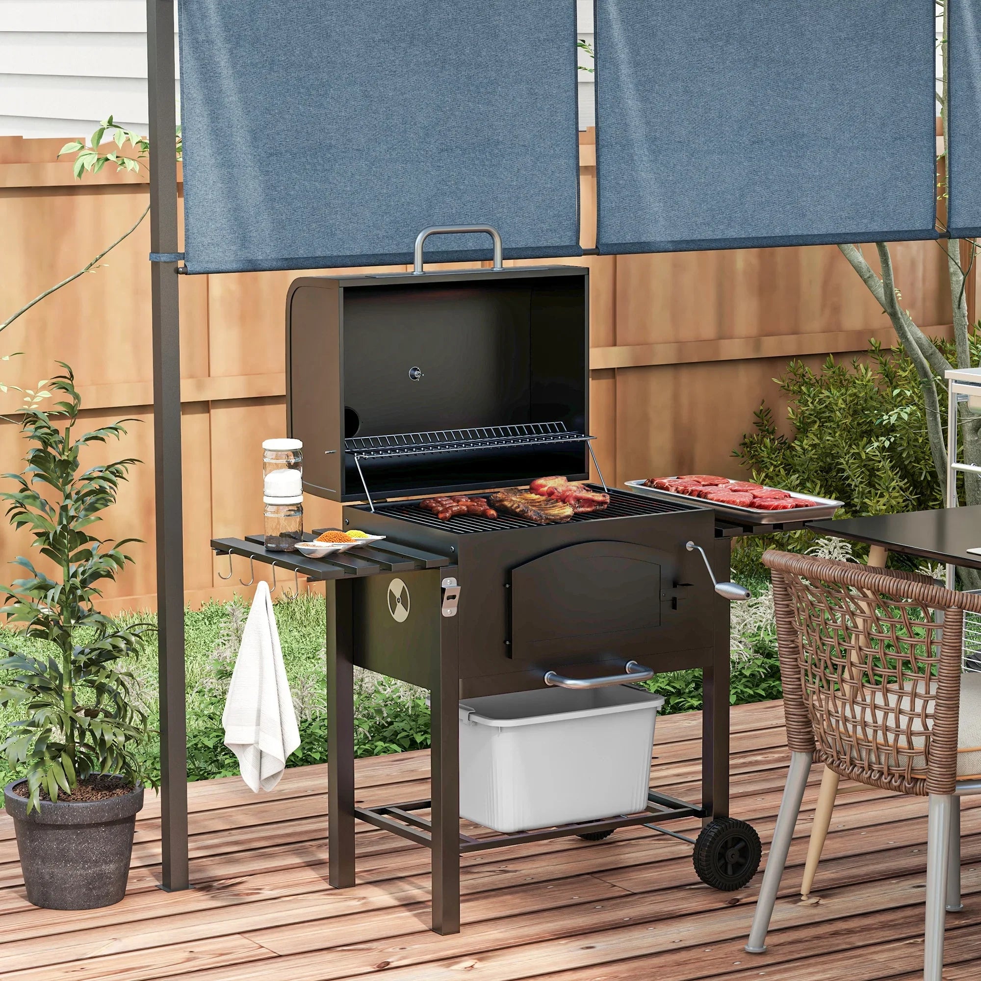 CoSizeoTower Charcoal Grill, BBQ with Adjustable Height, Portable Barbecue with Folding Sizehelves, Thermometer, Bottle Opener & Wheels for Outdoor Camping, Picnic, Patio, Backyard, Black