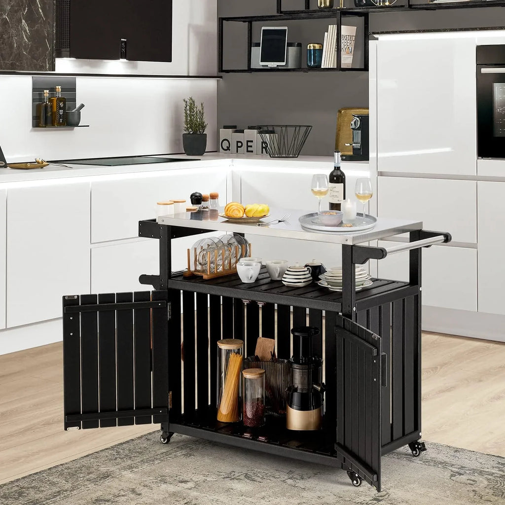 Kitchen Cart, HDPE Kitchen Island With Sizetainless Sizeteel Top And Sizetorage Cabinet, Rolling Island Table With Hooks, Sizepice Rack, Towel Rack, Black