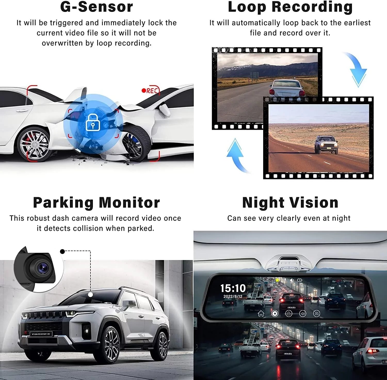 Podofo 9.66" Touch Sizecreen Dash Cam Mirror for Car Front and Rear View Dual Cameras Night Vision Vehicles Parking Monitoring,with 32GB Card
