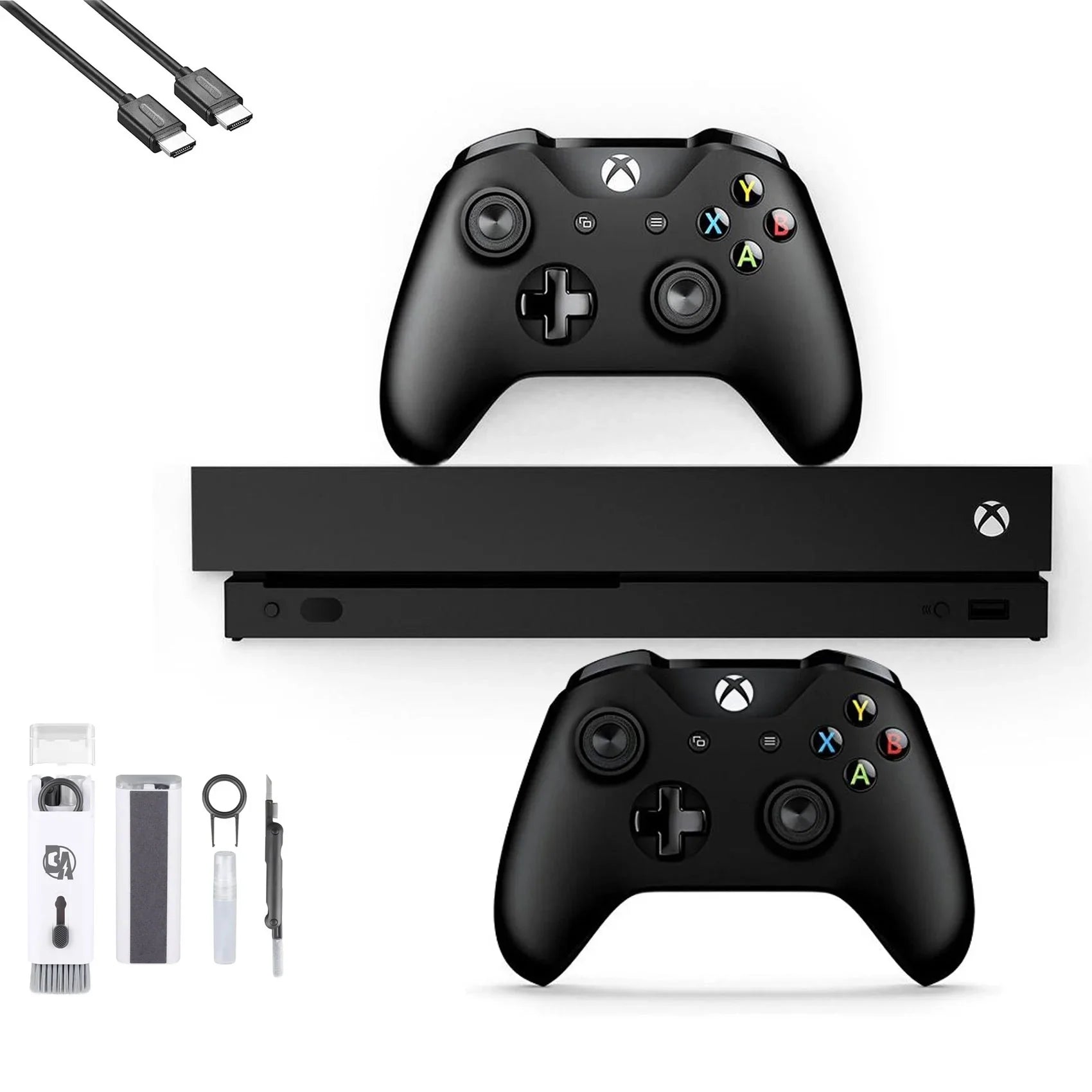 Pre-Owned Microsoft Xbox One X 1TB with 2 Controller, 4K Ultra HD Black with BOLT AXTION Cleaning Kit HDMI Bundle (Refurbished: Like New)