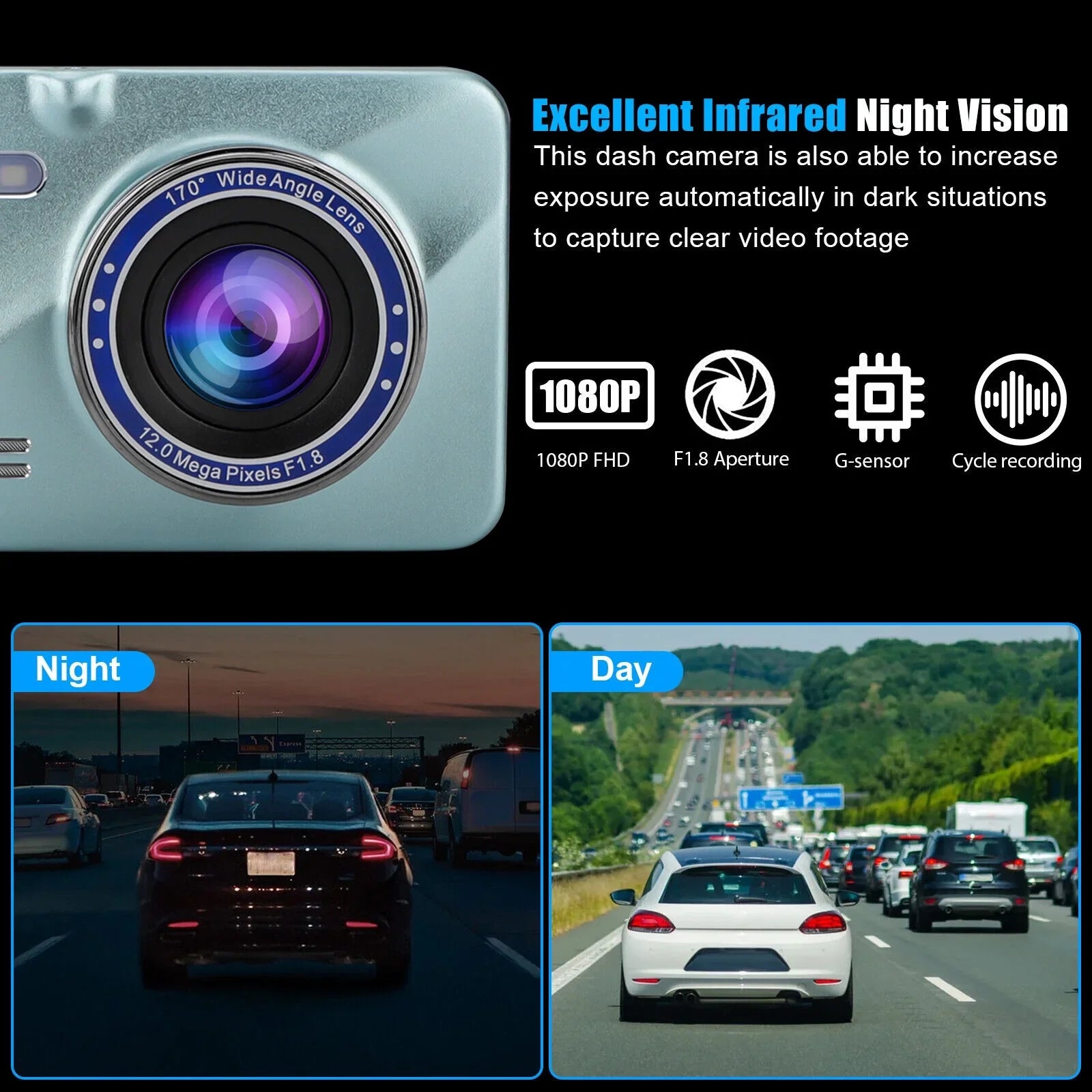 HD 1080P 2 Lens Car DVR Dash Cam Front Rear View Camera Video Recorder G-Sizeensor