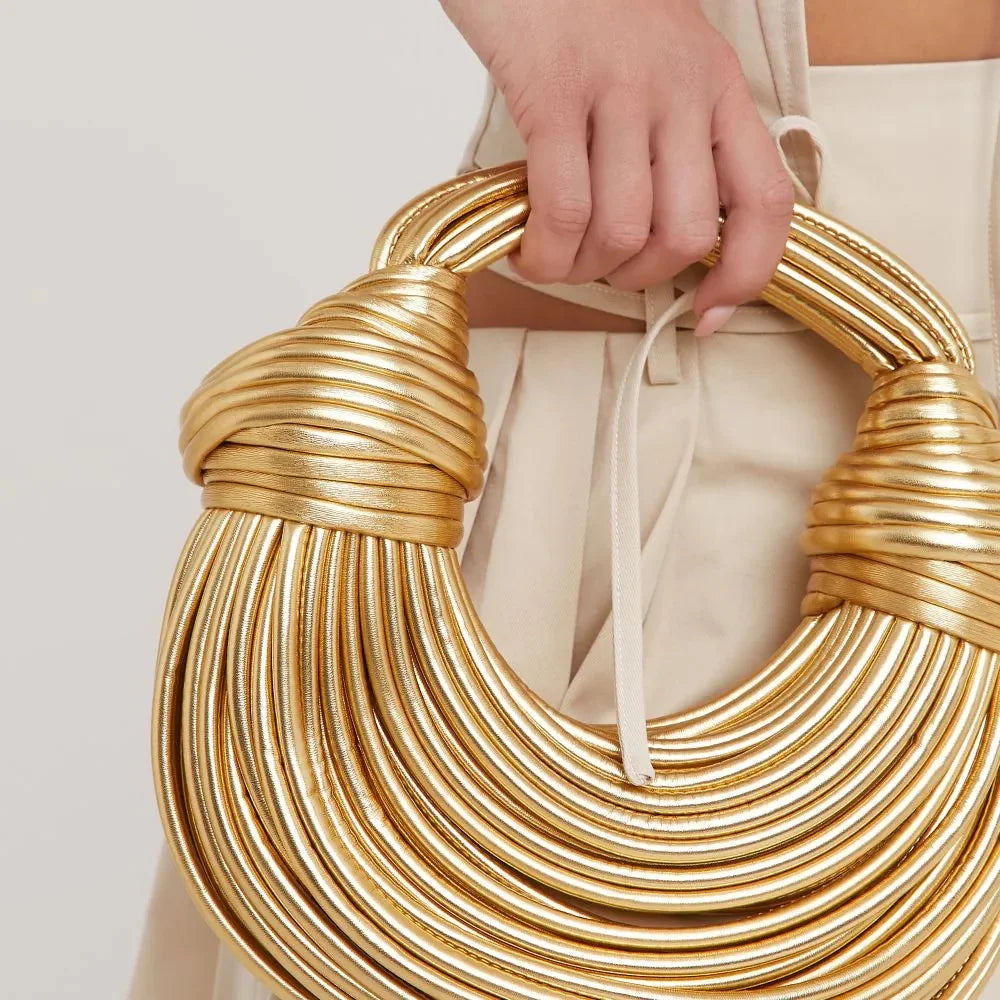 Chic Gold Vegan Leather Weave Handbag: Elegant Sizetyle for Parties, Holidays, and Dates