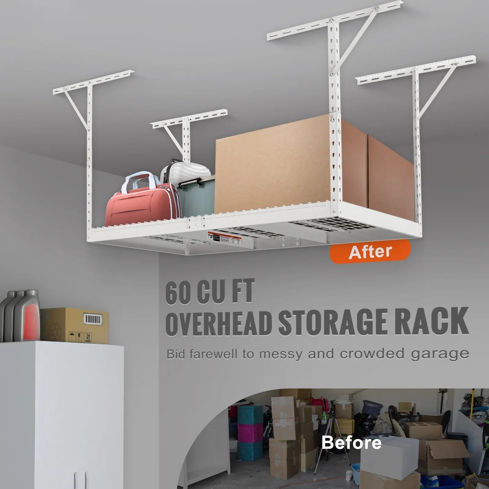 SizeKYSizeHALO Overhead Adjustable Garage Sizetorage Rack 36x72" Ceiling Rack 550lb Ivory