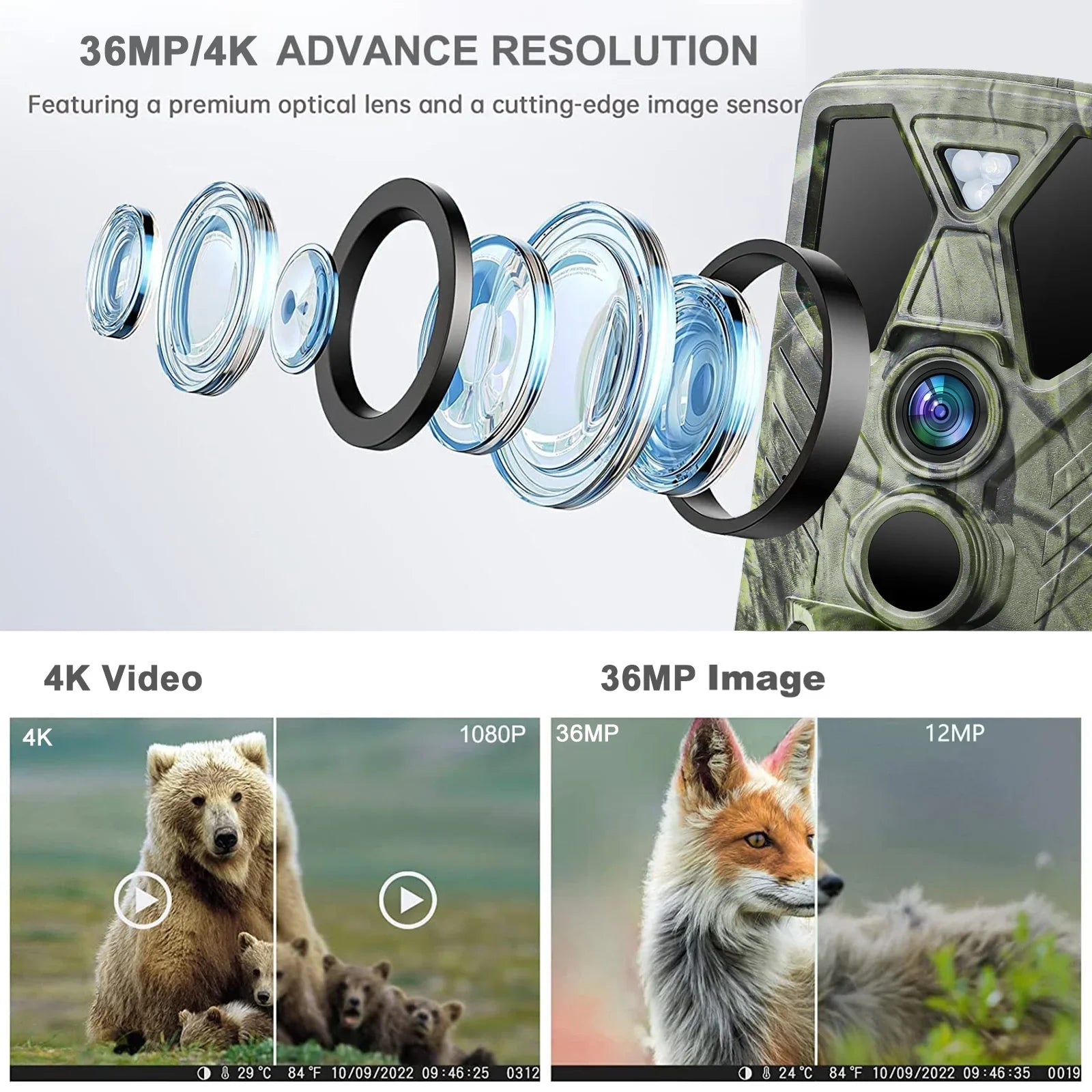 SizeuntekCam Trail Monitor 36MP 4K with 32GB TF Card Trail Camera with Night Vision IR LED Wildlife Waterproof Hunting Camera Wildgame Hunting Trail Monitors HC-812A