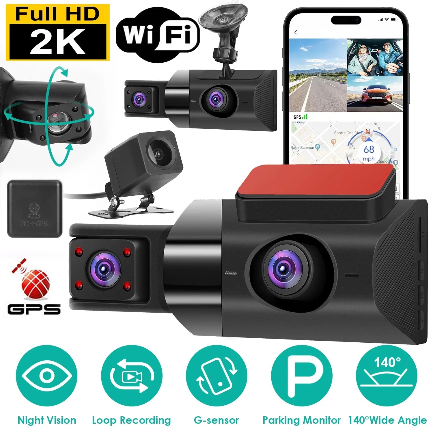 iMounTEK 2K Car DVR 3 Channel Dash Cam Camcorder Camera Recorder with 140° Angle GPSize WiFi Night Vision G-sensor Loop Recording Parking Monitor