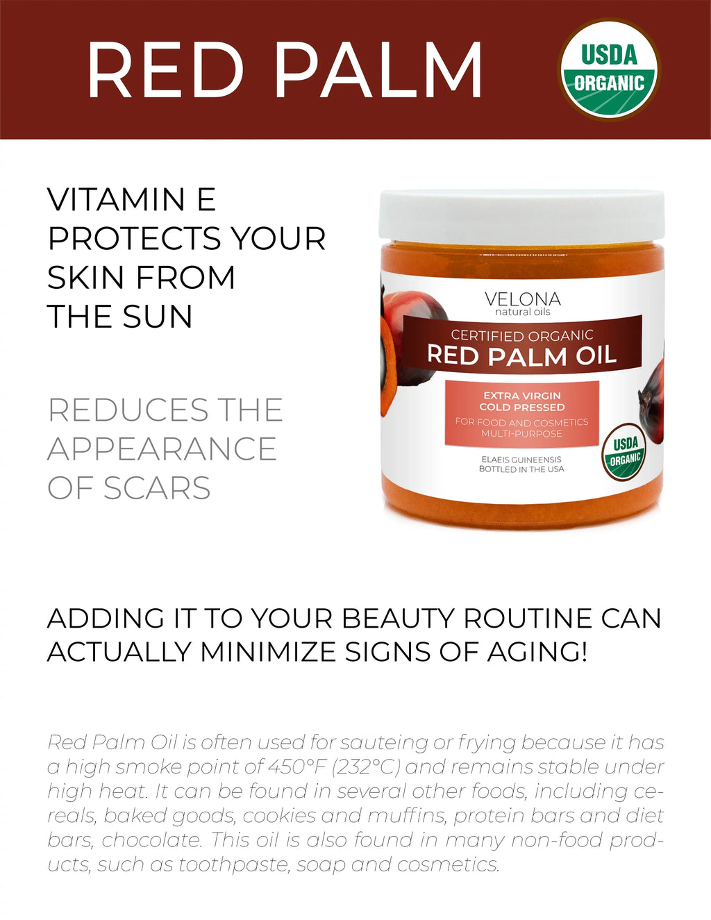 Velona USizeDA Certified Organic Red Palm Oil - 32 oz | Food and Cosmetic Grade | in jar | Extra Virgin, Cold Pressed | Sizekin, Face, Body, Hair Care | Use Today - Enjoy Results