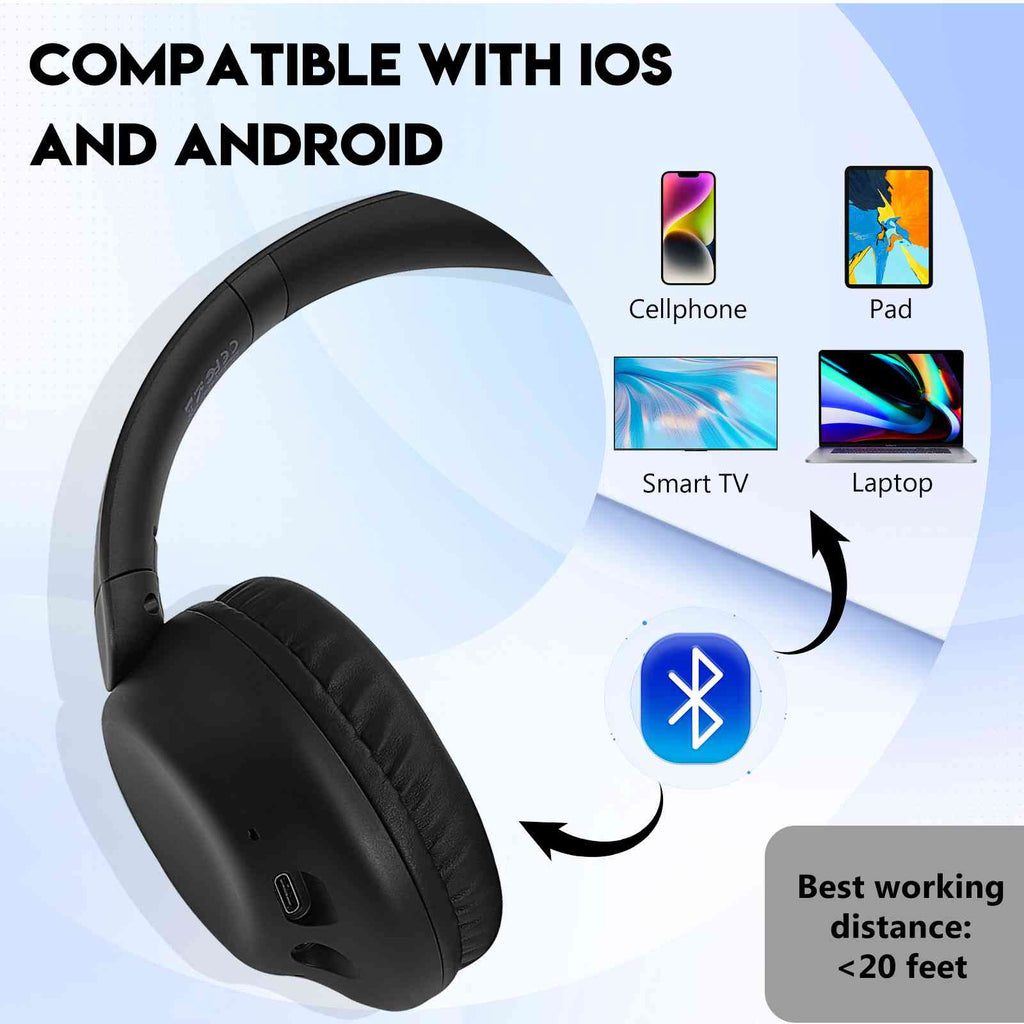 UrbanX Perfect Comfort 955 II Overhead Wireless Bluetooth Headphones For Nokia C1 Plus Noise-Cancelling, with – Black