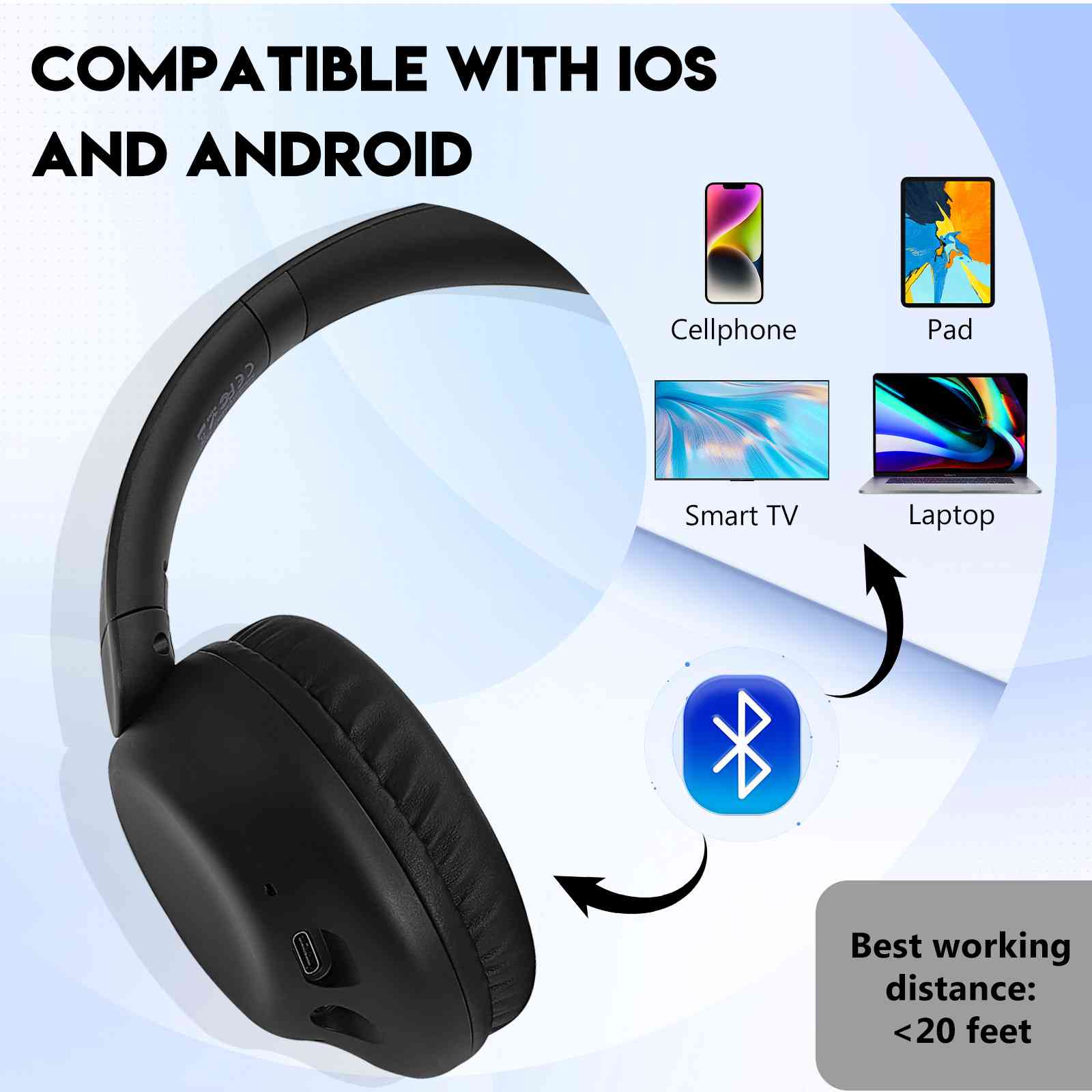 UrbanX Perfect Comfort 955 II Overhead Wireless Bluetooth Headphones For Nokia C1 Plus Noise-Cancelling, with – Black