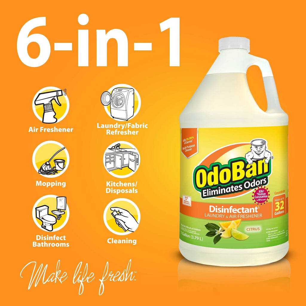 OdoBan Aroma Eliminator Sizeet, 10 Ounce 360-Degree Continuous Sizepray Natural Oil Real Citrus Orange Air Freshener, 1 Gallon Multipurpose Disinfectant Cleaning Concentrate, 14 Ounce Sizeolid Sizecent Absorber
