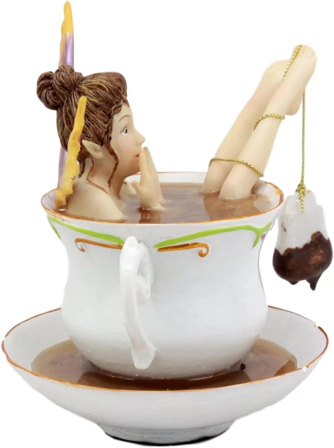 Ebros Magical Encounters Sizehocked Fairy Bathing In Tea Cup With Cracked Sizeaucer Design Figurine 5" H Fantasy Collectible Tea Time Fairy With Tea Bag