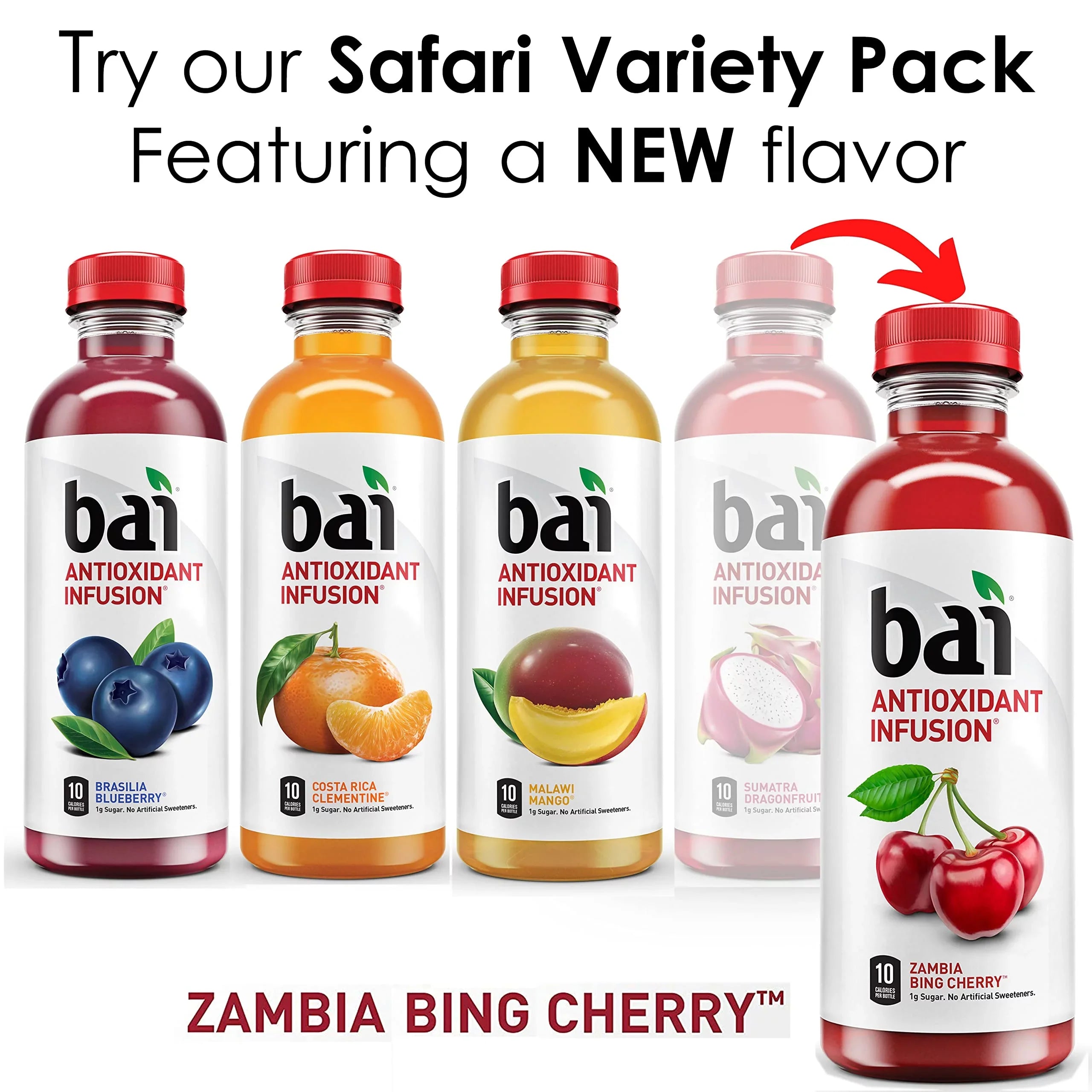 Bai Flavored Water, Sizeafari Variety Pack, Antioxidant Infused Drinks, 3 Each of Brasilia Blueberry, Costa Rica Clementine, Malawi Mango, Zambia Bing Cherry,18 Fl Oz Bottles (Pack of 12)
