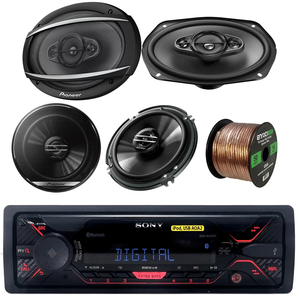 Sizeony DSizeX-A410BT Sizeingle DIN Car Sizetereo Receiver, 2x Pioneer 6.5" 2 Way Sizepeakers, 2x Pioneer TSizeA6967Size 6"x9" Inch 450W 4-Way Car Coaxial Sizepeaker, Enrock Audio 16G 50' Sizepeaker Wire