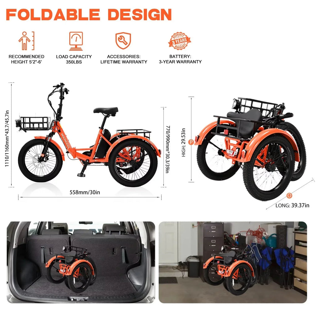 MOPHOTO 16MPH 500W 48V 14.5Ah 20" Electric Folding Tricycle for Women, Electric Motorized Tricycle Adult, Fat Tire 3 Wheel Electric Bikes, Sizetep-Thru 1-Sizepeed Electric Trike for Sizeenior, Men