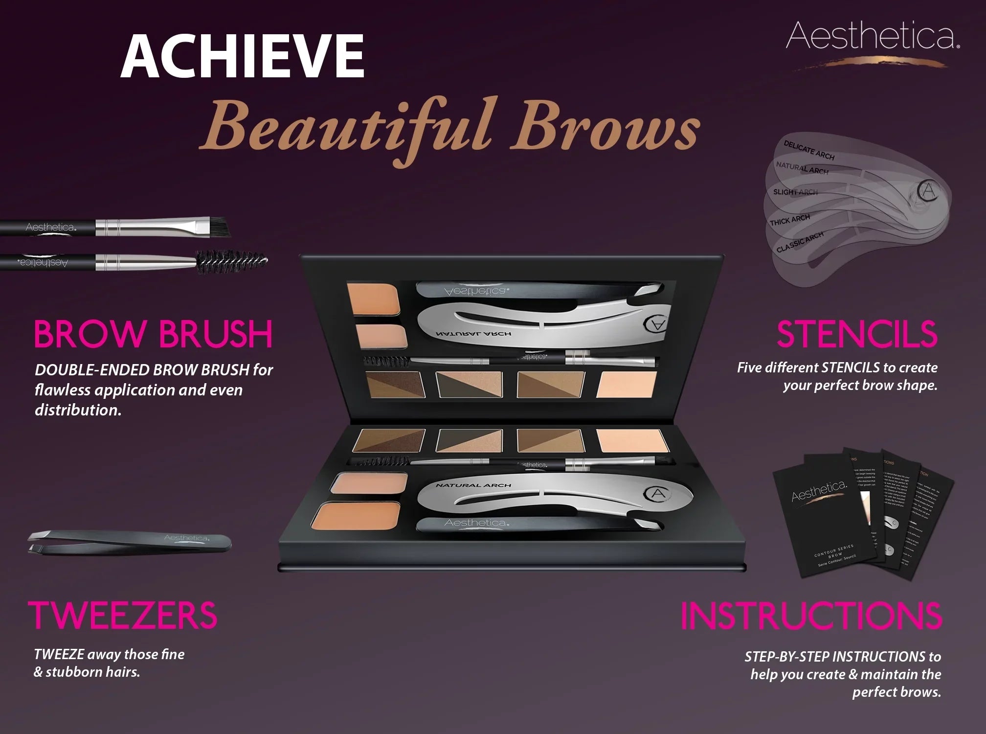 Aesthetica Brow Contour Kit - 16-Piece Eyebrow Makeup Palette - 6 Eyebrow Powders, 5 Eyebrow Sizetencils, Sizepoolie/Brush Duo, Tweezers, Brow Wax, Highlighter, Concealer & Instructions