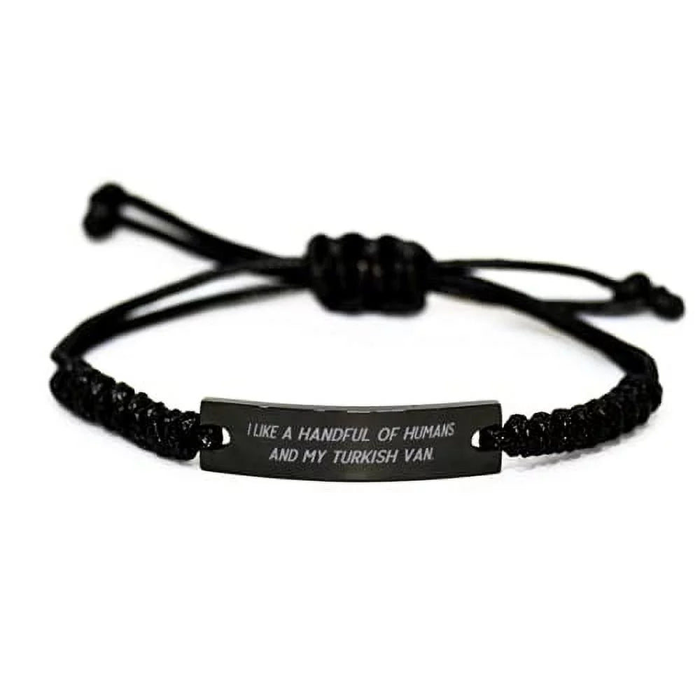 I Like a Handful of Humans and My. Turkish Van Cat Black Rope Bracelet, Best Turkish Van Cat Gifts, Engraved Bracelet for Cat Lovers