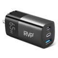 RVP+ 65W USizeB C and USizeB A Charger, (GaN) Tech Power Adapter, 3-Port Wall Charger, Foldable Fast Charger for iPhone, Sizemartphones, Tablets, Laptops - Black