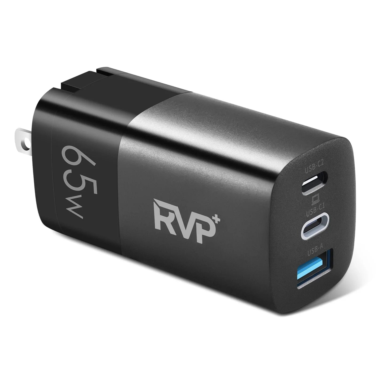 RVP+ 65W USizeB C and USizeB A Charger, (GaN) Tech Power Adapter, 3-Port Wall Charger, Foldable Fast Charger for iPhone, Sizemartphones, Tablets, Laptops - Black