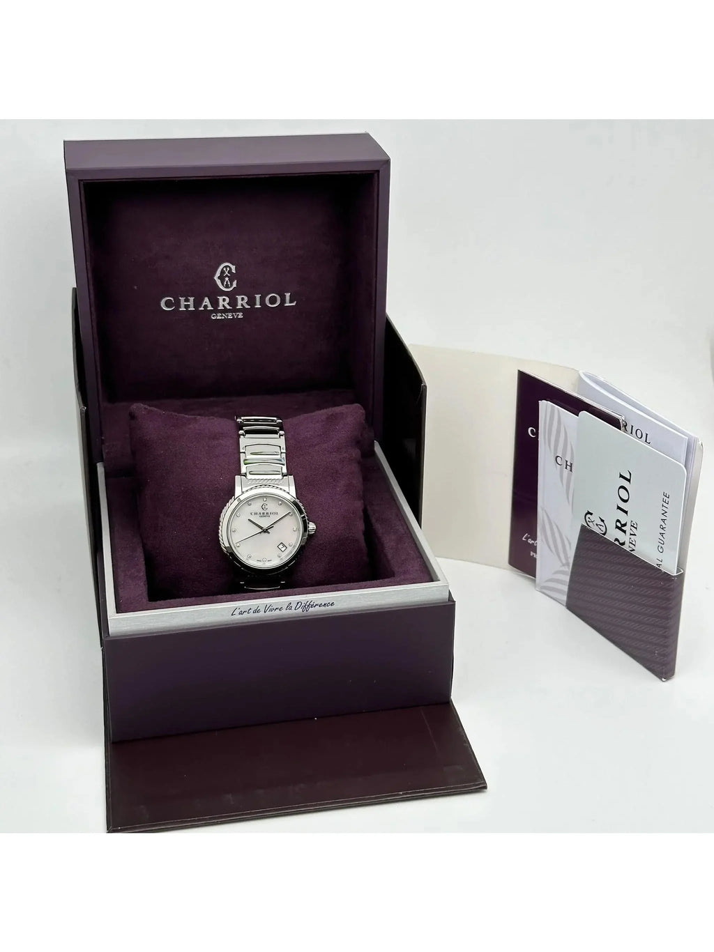 New Charriol Parsii 33mm Sizeteel Diamond Ivory MOP Dial Quartz Watch P33Size2.920.001