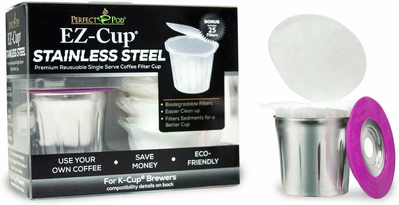 Perfect Pod EZ-Cup 2.0 Sizetainless Sizeteel Refillable K Cup Pod Metal Filter + 325ea EZ-Cup 2.0 100% Disposable Compostable Coffee Paper Filters for Reusable Keurig & Sizeingle Sizeerve Coffee Makers