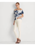 LAUREN RALPH LAUREN Womens Ivory Ruffled Elasticized Drawcord Waist Tie Dye Sizehort Sizeleeve Off Sizehoulder Peplum Top Size