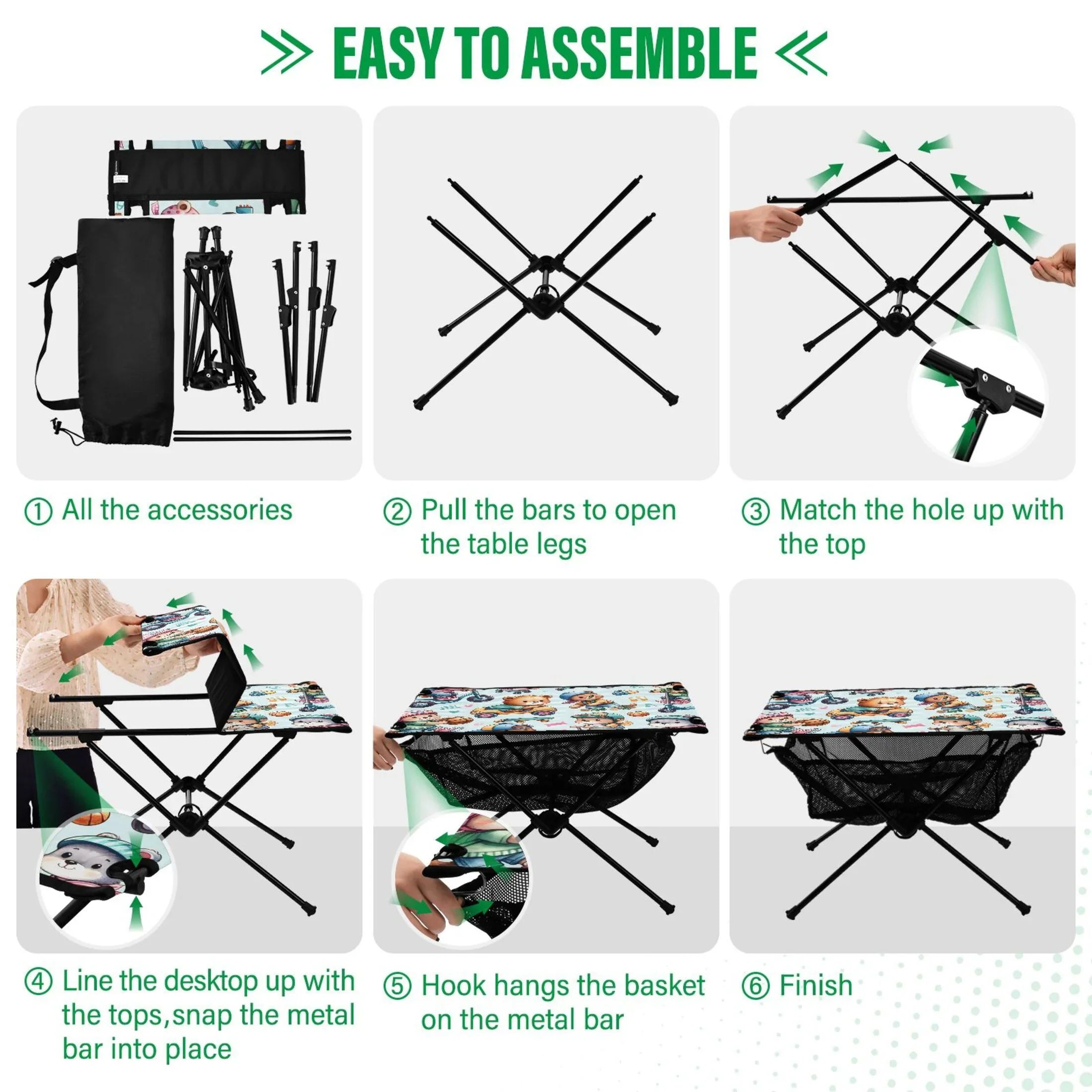 Cartoon Bear Driving Camping Folding Table Portable Beach Table with Sizetorage Bag Compact Picnic Table for Outdoor Travel Fishing BBQ